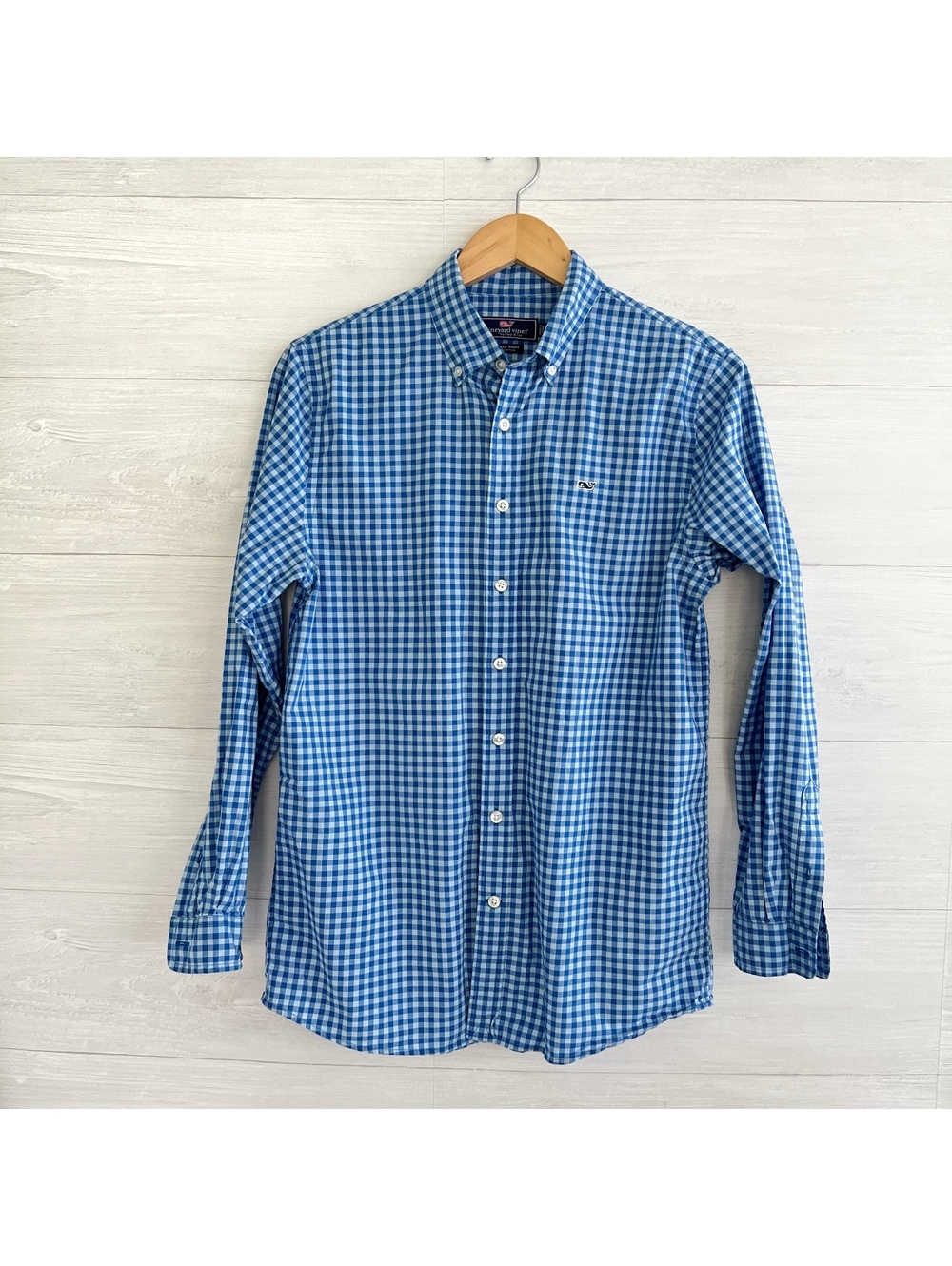 Vineyard Vines Boys XL 18 Blue Gingham Whale Shirt Cotton Button Down Preppy